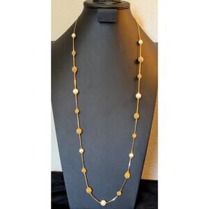 Vtg Trifari Gold Tone Coiled Wire Bead & Faux Pearl Station Long Chain Necklace
